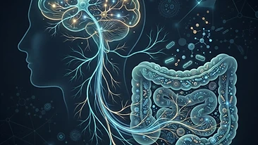 Scientific illustration of the gut-brain axis and systemic inflammation.