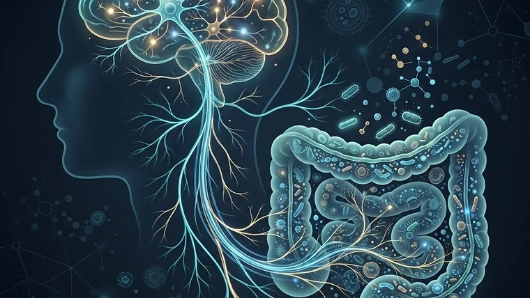 Scientific illustration of the gut-brain axis and systemic inflammation.