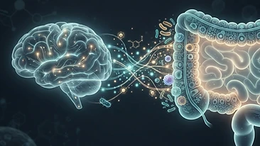 Scientific illustration of the gut-brain axis and its connection to systemic health.