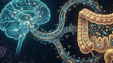 Scientific illustration of the gut-brain axis showing the connection between intestinal health, inflammation, and brain 