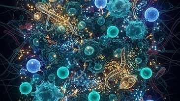 Scientific illustration of the tumor microenvironment showing the interaction between cancer cells, immune cells, and pa