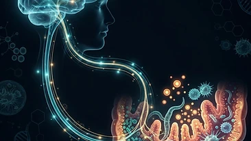 Scientific illustration showing the connection between the gut microbiome, parasitic organisms, and the brain via inflam