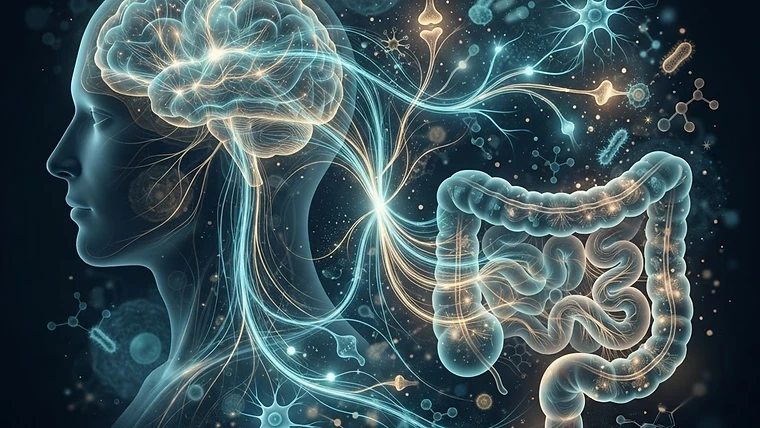 Scientific visualization of the gut-brain axis and systemic inflammation.
