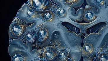 Illustration of parasitic cysts embedded in brain tissue in a neurocysticercosis concept on a dark background