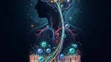 Conceptual medical illustration demonstrating the gut-brain axis, neuroinflammation, and metabolic immune pathways.