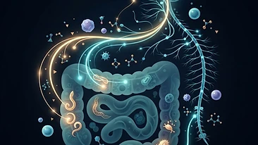 Scientific diagram illustrating the gut-brain-immune axis and the impact of parasitic infection on systemic inflammation