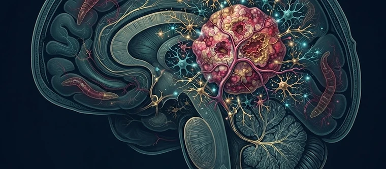 Scientific illustration of a glioblastoma brain tumor with inflammatory and infection-related cellular pathways