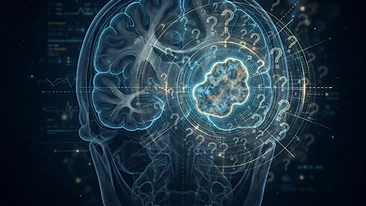 Conceptual illustration of diagnostic uncertainty around a brain lesion on a dark clinical background