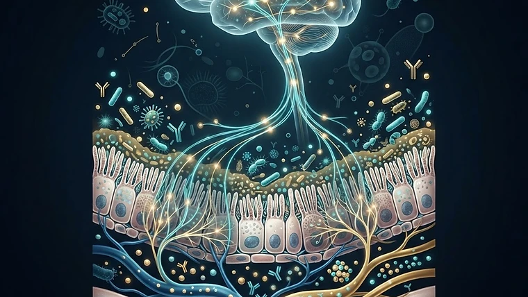 Diagram illustrating the gut-brain axis connecting gut microbiota, immune cytokine signaling, and brain neuroinflammatio