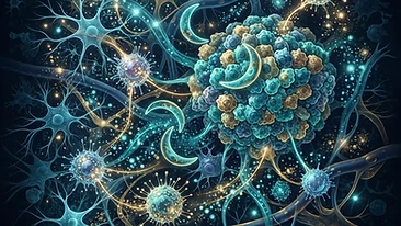 Scientific illustration of the parasite-cancer connection in the brain microenvironment.