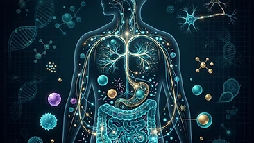 Scientific illustration of the gut-brain axis and metabolic pathways influenced by inflammation.