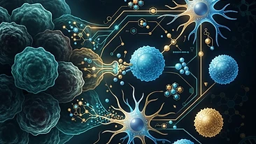 Scientific illustration of the tumor microenvironment and immune system interaction.