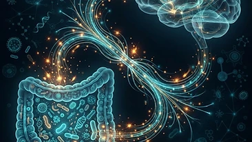 Diagram showing the gut-brain axis and the impact of parasitic infection on systemic inflammation and neurobiology.