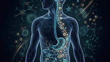 3D scientific illustration depicting the gut-brain axis, immune signaling, and metabolic communication pathways in the h