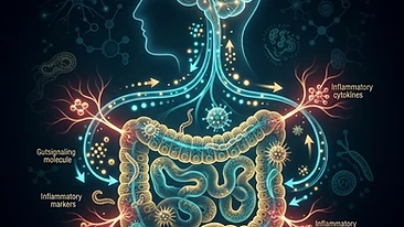 Scientific diagram of the gut-brain-parasite axis showing how inflammation affects the brain and metabolism.
