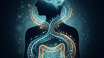 Scientific illustration of the gut-brain axis and systemic inflammation.