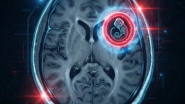Illustration of a parasitic cyst concept overlaid on a brain MRI with a ring-enhancing lesion