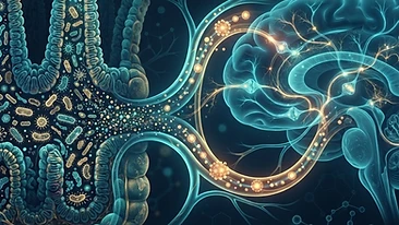 Scientific illustration of the gut-brain axis and systemic inflammation caused by parasites.