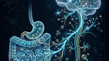 Medical illustration depicting the gut-brain axis, immune signaling molecules, and neuroinflammation pathways.
