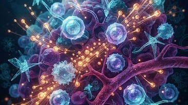 Conceptual scientific illustration of the tumor microenvironment and parasitic interactions.