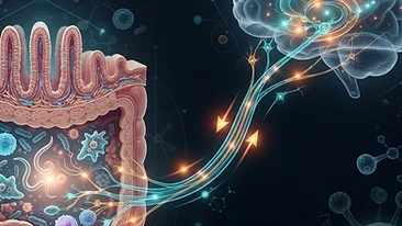 Scientific illustration of the gut-brain-parasite axis showing the connection between intestinal infection and neuroinfl