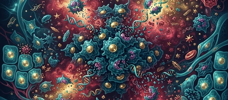Scientific illustration of chemotherapy destroying both cancer cells and healthy tissue, showing collateral cellular damage