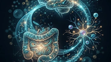 Scientific illustration of the gut-brain axis and immune system interaction.
