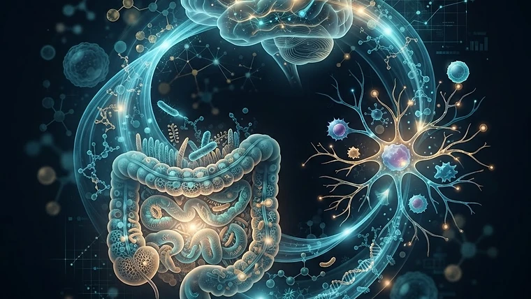 Scientific illustration of the gut-brain axis and immune system interaction.