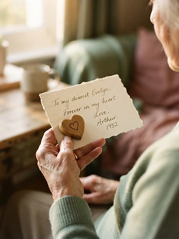 A hand-carved wooden heart token held in an elderly hand