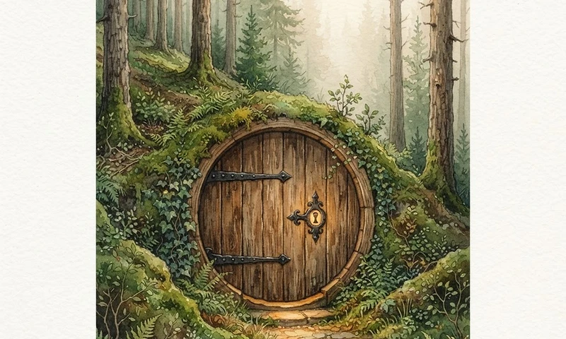 A round wooden door set into a forest hillside
