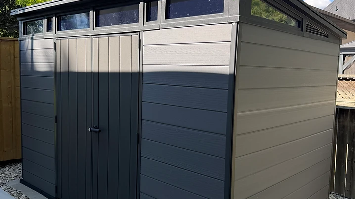 Keter 11×7 shed installed on pavers / interlock in Mississauga, Ontario