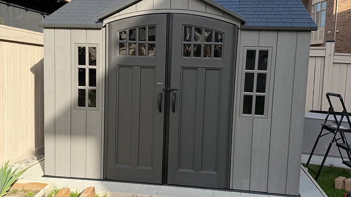 Lifetime 10×8 shed installed on pavers / interlock in Kitchener, Ontario