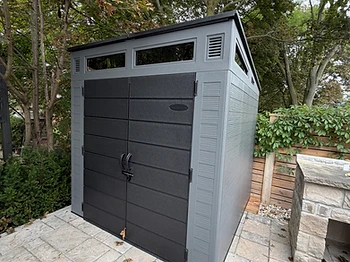 Suncast 7×7 shed installed on pavers / interlock in Vaughan, Ontario — photo 1