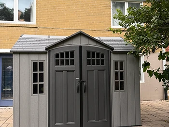 Lifetime 10×8 shed installed on pavers / interlock in Brampton, Ontario — photo 1
