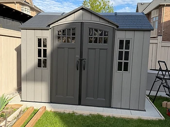 Lifetime 10×8 shed installed on pavers / interlock in Kitchener, Ontario — photo 1