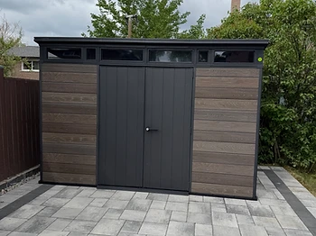 Keter 11×7 shed installed on pavers / interlock in Brampton, Ontario — photo 1
