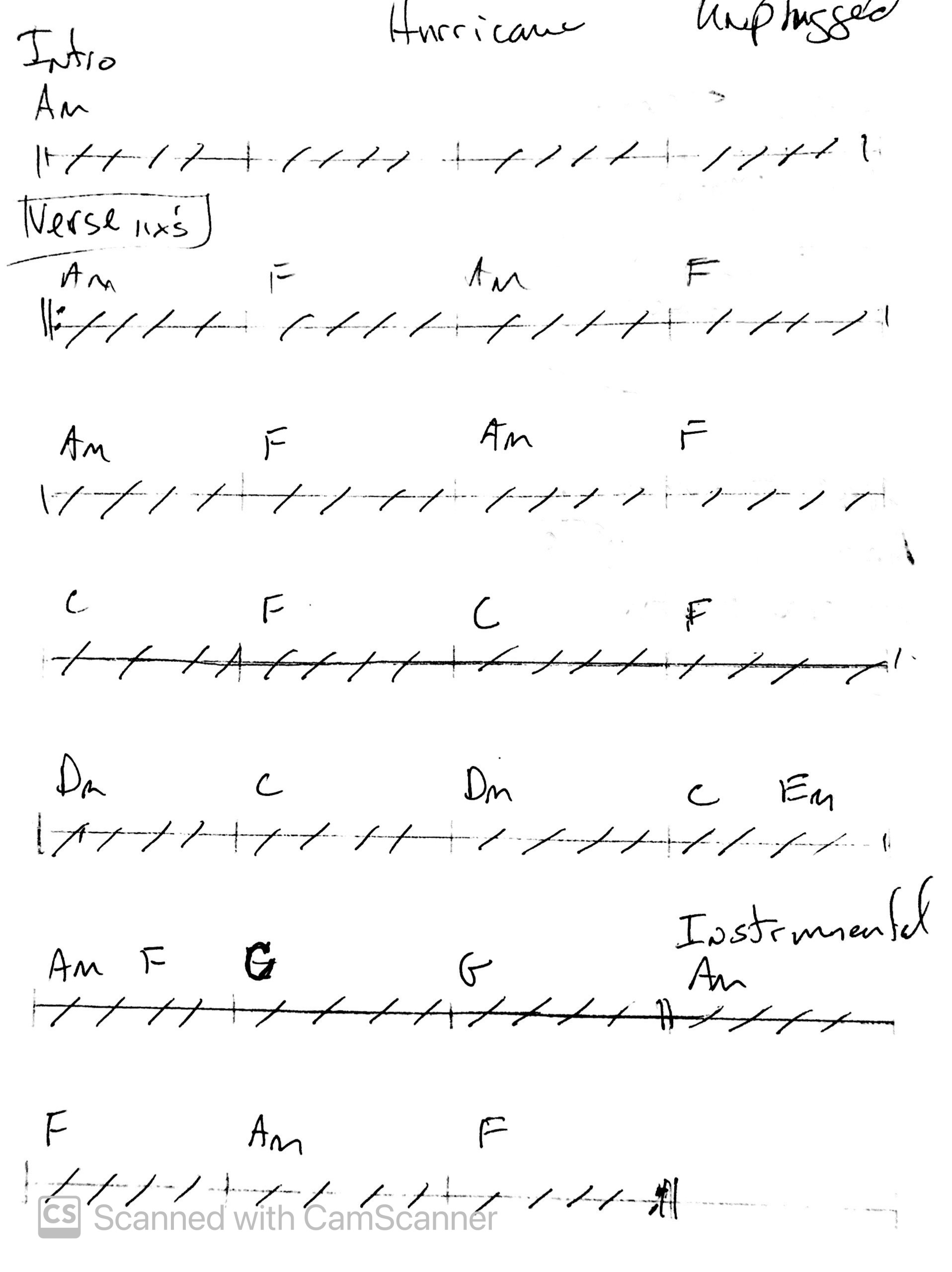 Jeff Powers' handwritten chord chart for Bob Dylan's Hurricane