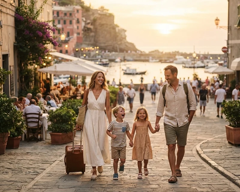 Famille en voyage à l'heure dorée