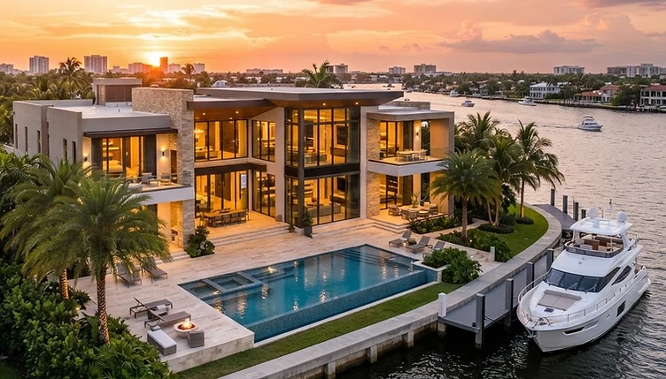 Beautiful modern home at golden hour