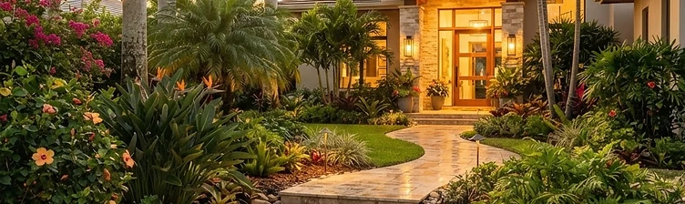 A garden path leading to a welcoming luxury home