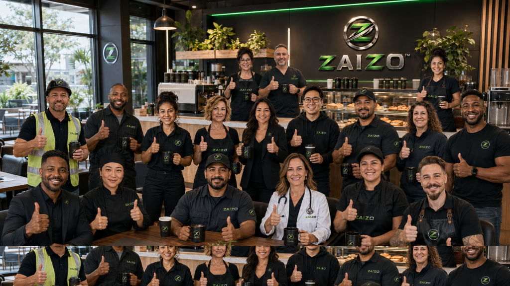 A diverse group of small business owners gathered inside a ZAIZO-branded café, smiling and giving a thumbs up while holding ZAIZO mugs