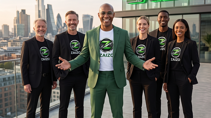 The ZAIZO team welcoming you on a rooftop terrace at sunset beside a glowing ZAIZO sign