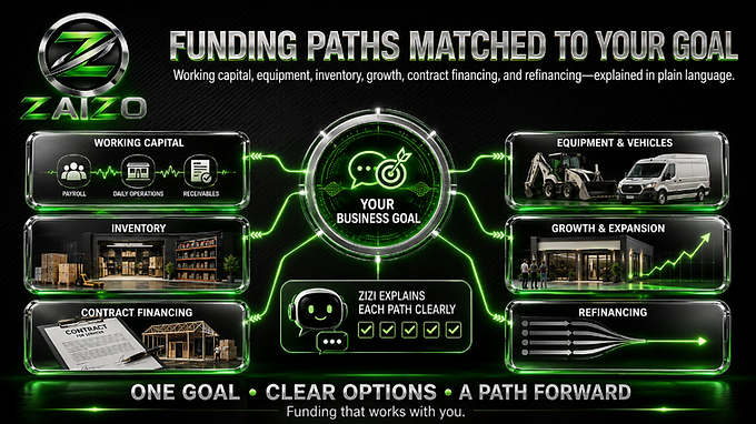 Funding paths matched to your goal — working capital, equipment, inventory, growth, contract financing, and refinancing