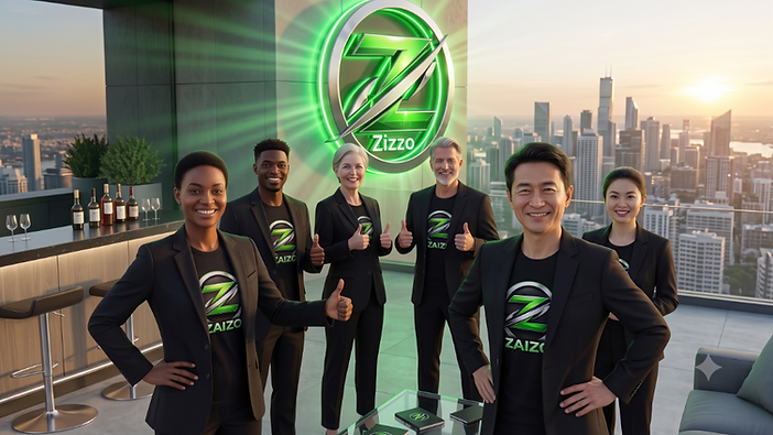 The ZAIZO team on a high-rise balcony at sunset beside a glowing ZAIZO emblem