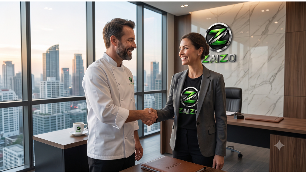 A ZAIZO funding advocate shaking hands with a business owner in an office at sunset