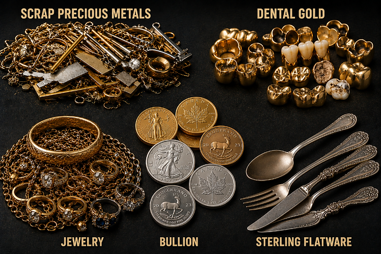 Scrap precious metals, dental gold, jewelry, bullion, and sterling flatware