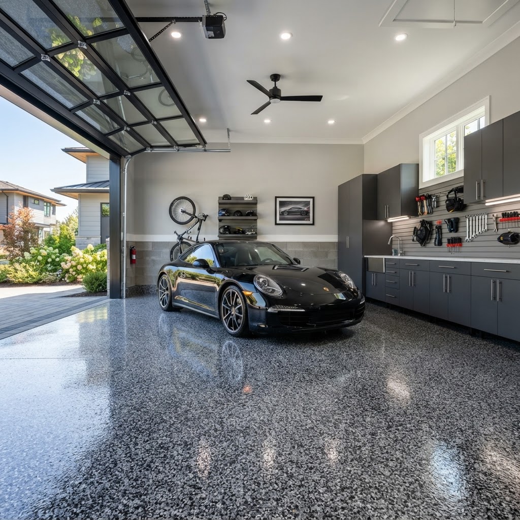 Premium residential garage with black, white and gray flake epoxy floor, gray cabinets and chrome countertops