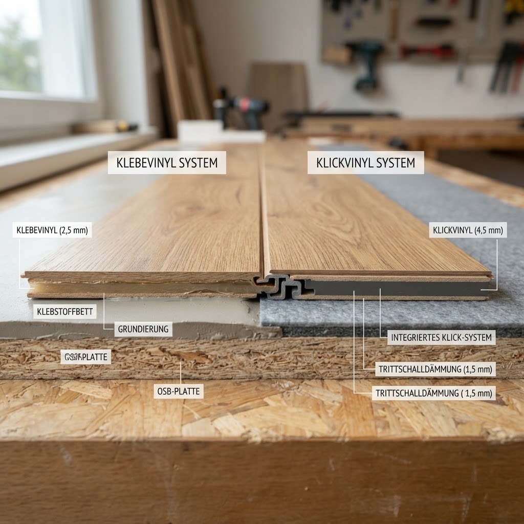 Klebevinyl vs. Klickvinyl im Systemvergleich: Aufbau, Untergrund und Bauphysik im Detail – Bild 2