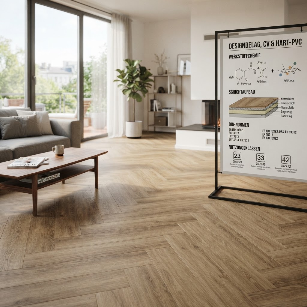 Designbelag, CV & Hart-PVC: Werkstoffchemie, DIN-Normen, Schichtaufbau und Nutzungsklassen – Bild 1