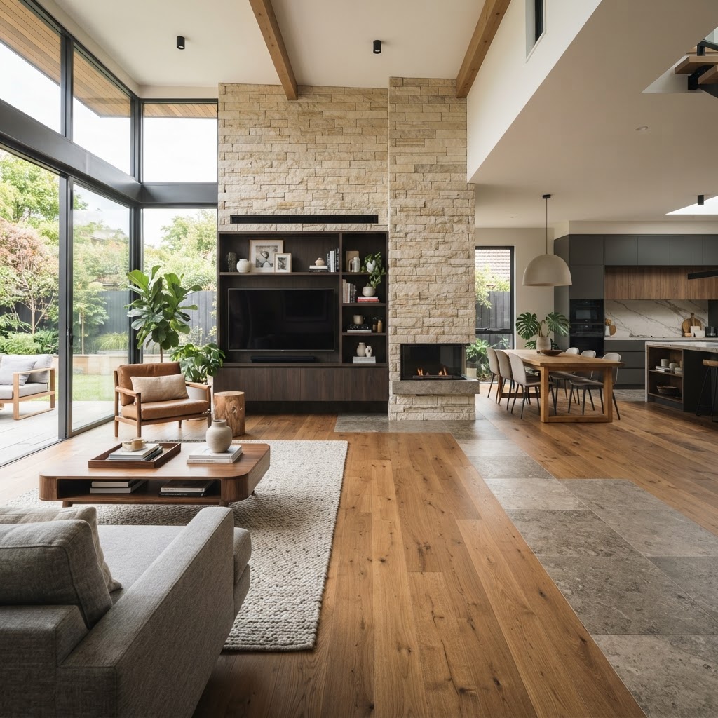 Materialmix im Wohnraum: Holz, Stein & Designboden – Bild 1